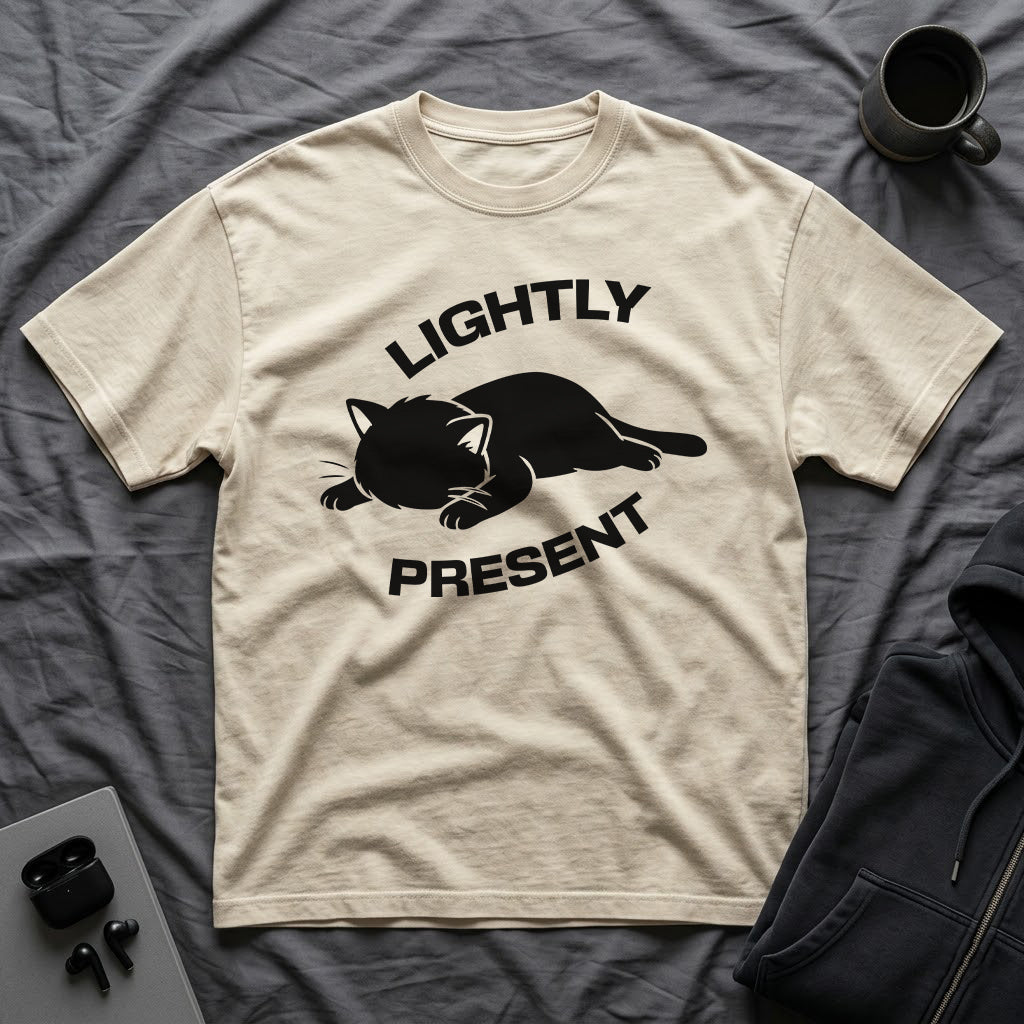 T-Shirt — 'Lightly Present' Tired Cat Graphic Tee (Tired jokes)