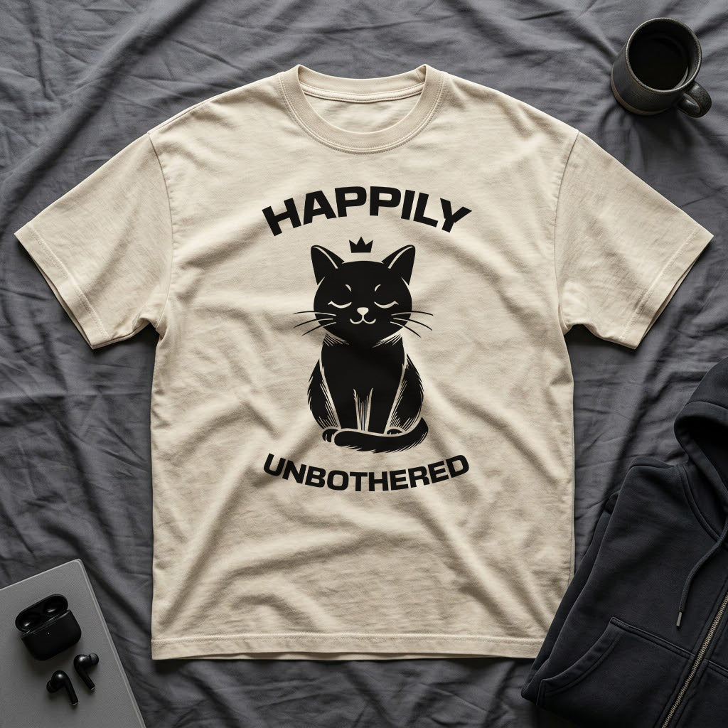 T-Shirt — 'Happily Unbothered' Tired Cat Graphic Tee (Tired jokes)