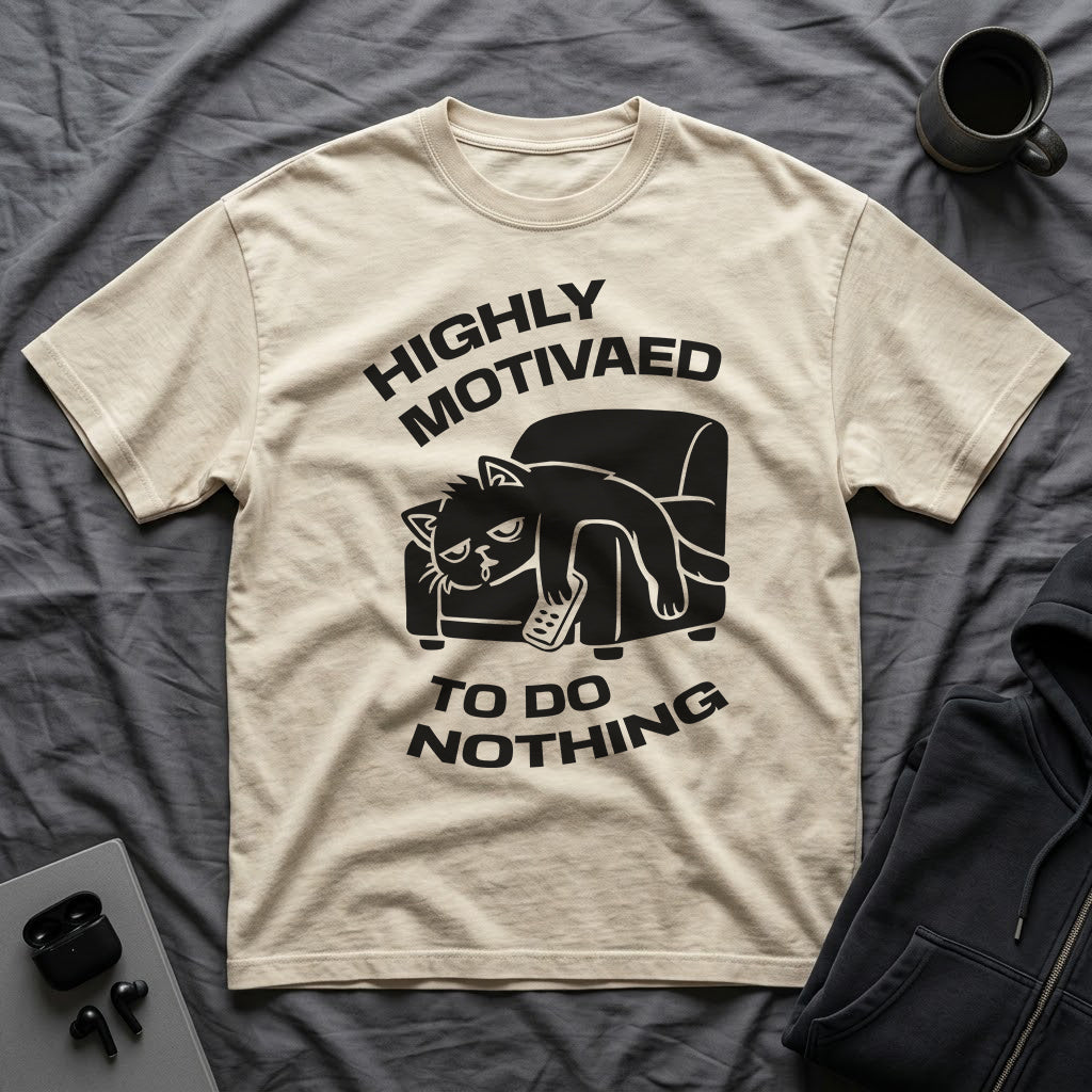 T-Shirt — 'HIGHLY MOTIVATED TO DO NOTHING' Tired Cat Graphic Tee (Tired jokes)