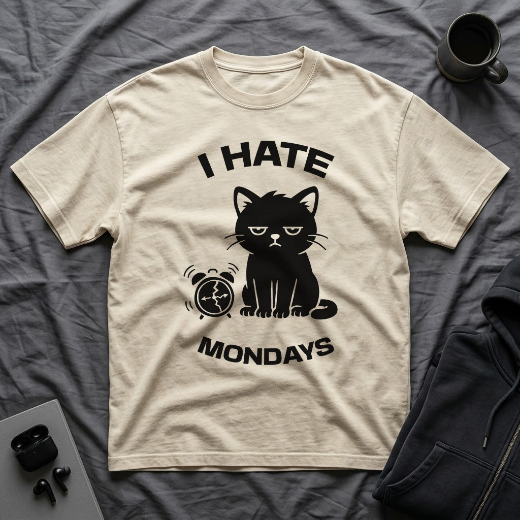 T-Shirt — 'I HATE MONDAYS ' Tired Cat Graphic Tee (Tired jokes)