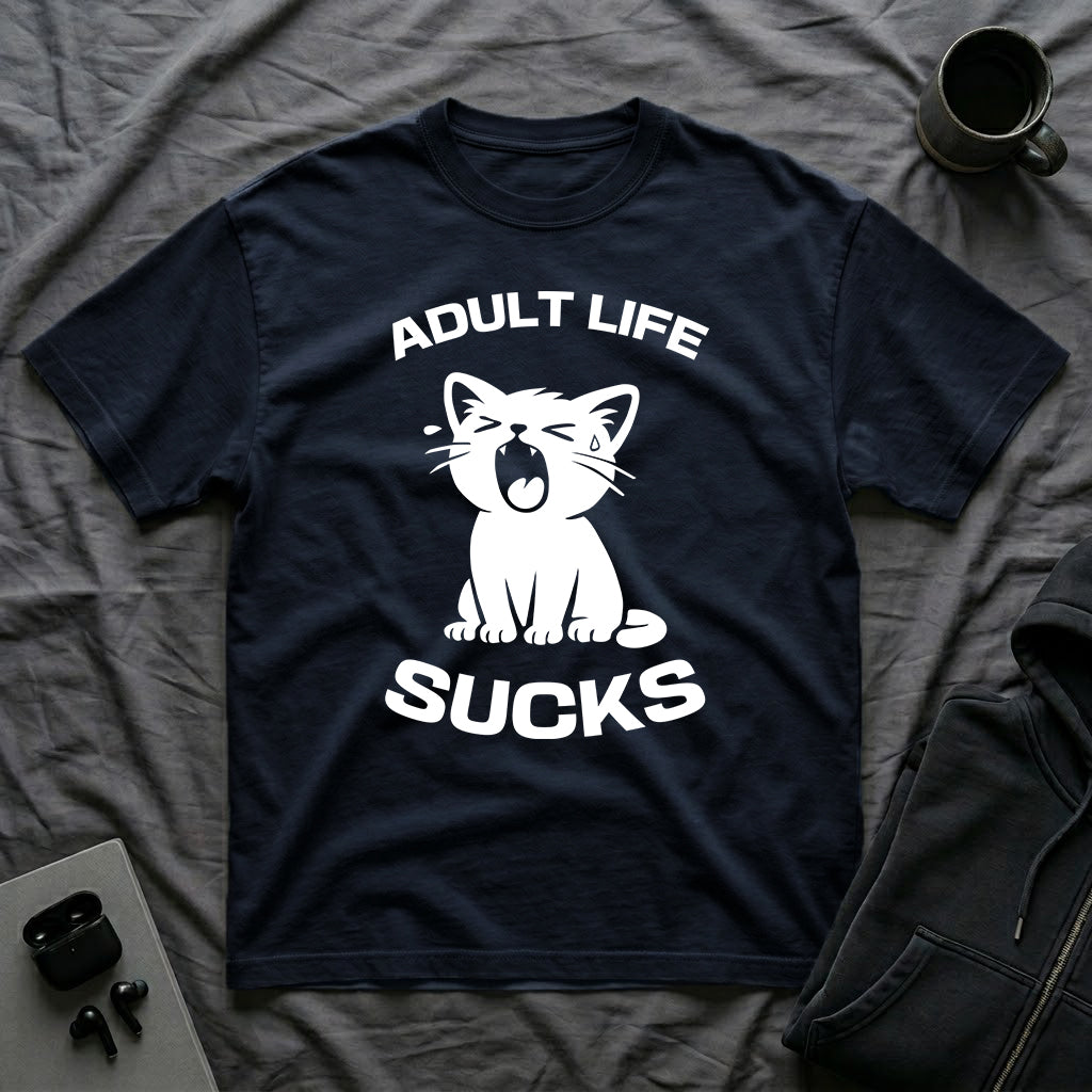 T-Shirt — 'Adult Life Sucks ' Tired Cat Graphic Tee (Tired jokes)