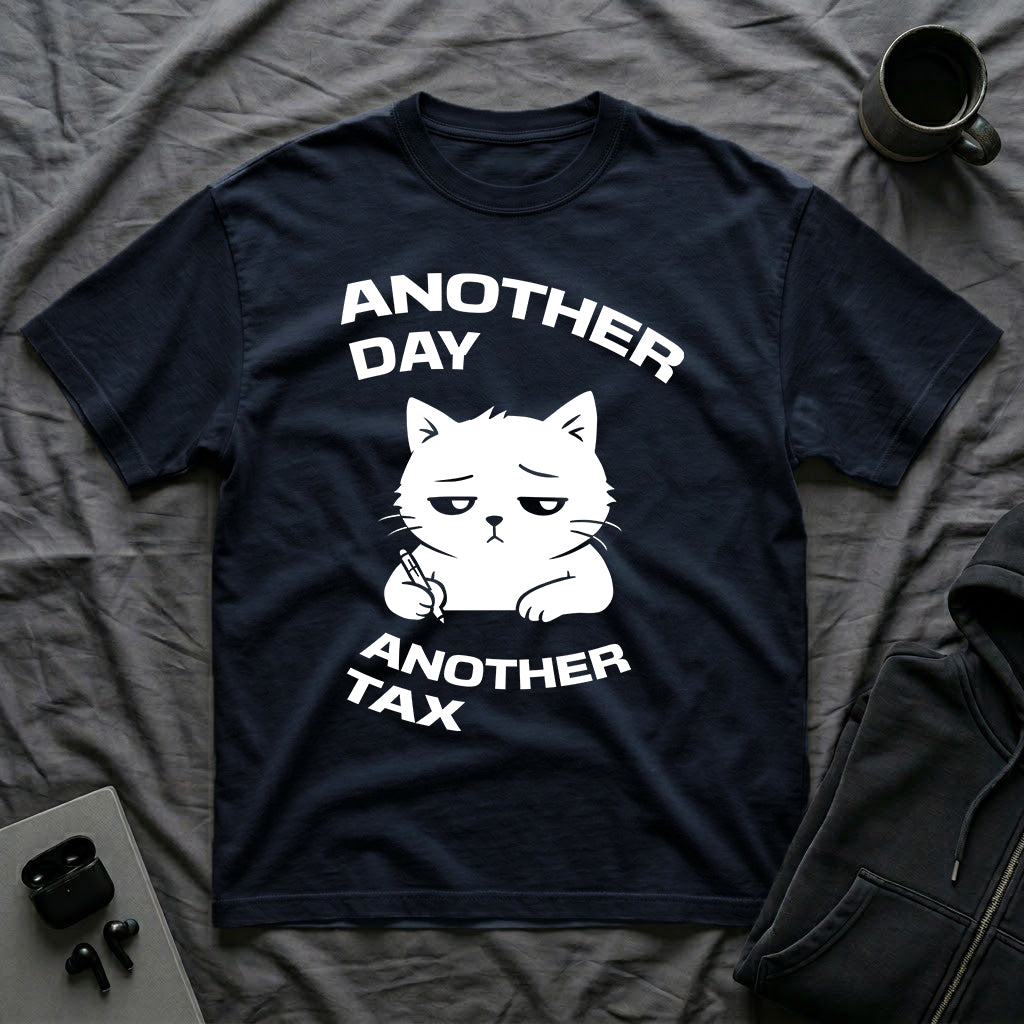 T-Shirt — 'ANOTHER DAY ANOTEHR TAX' Tired Cat Graphic Tee (Tired jokes)