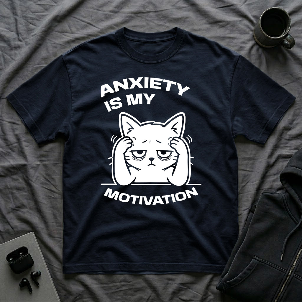 T-Shirt — 'ANXIETY IS MY MOTIVATION' Tired Cat Graphic Tee (Tired jokes)