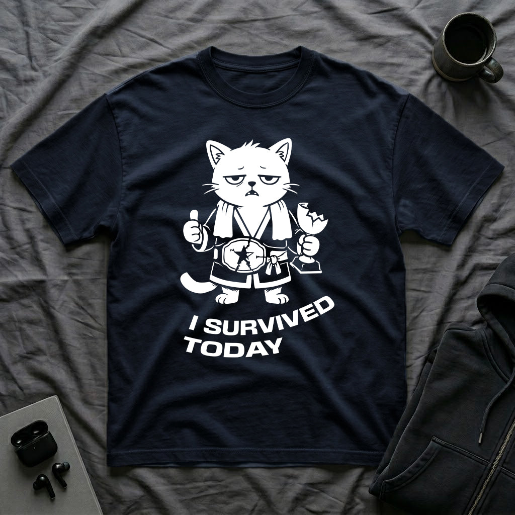 T-Shirt — 'I SURVIVED TODAY' Tired Cat Graphic Tee (Tired jokes)