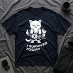 T-Shirt — 'I SURVIVED TODAY' Tired Cat Graphic Tee (Tired jokes)