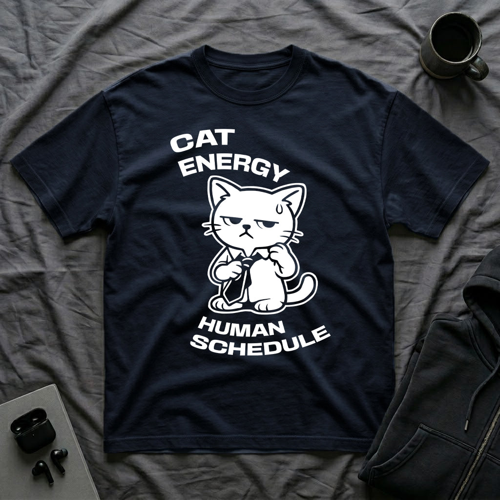 T-Shirt — 'CAT ENERGY HUMAN SCHEDULE' Tired Cat Graphic Tee (Tired jokes)