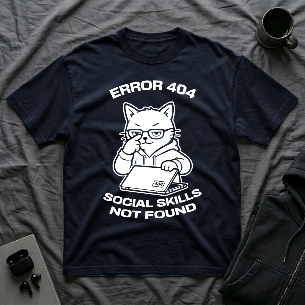 T-Shirt — 'ERROR 404 SOCIAL SKILLS NOT FOUND' Tired Cat Graphic Tee (Tired jokes)