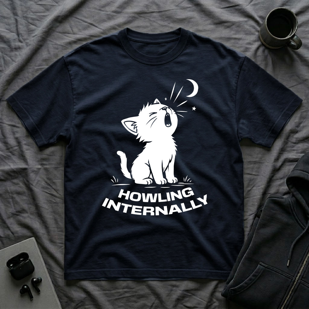 T-Shirt — 'HOWLING INTERNALLY' Tired Cat Graphic Tee (Tired jokes)