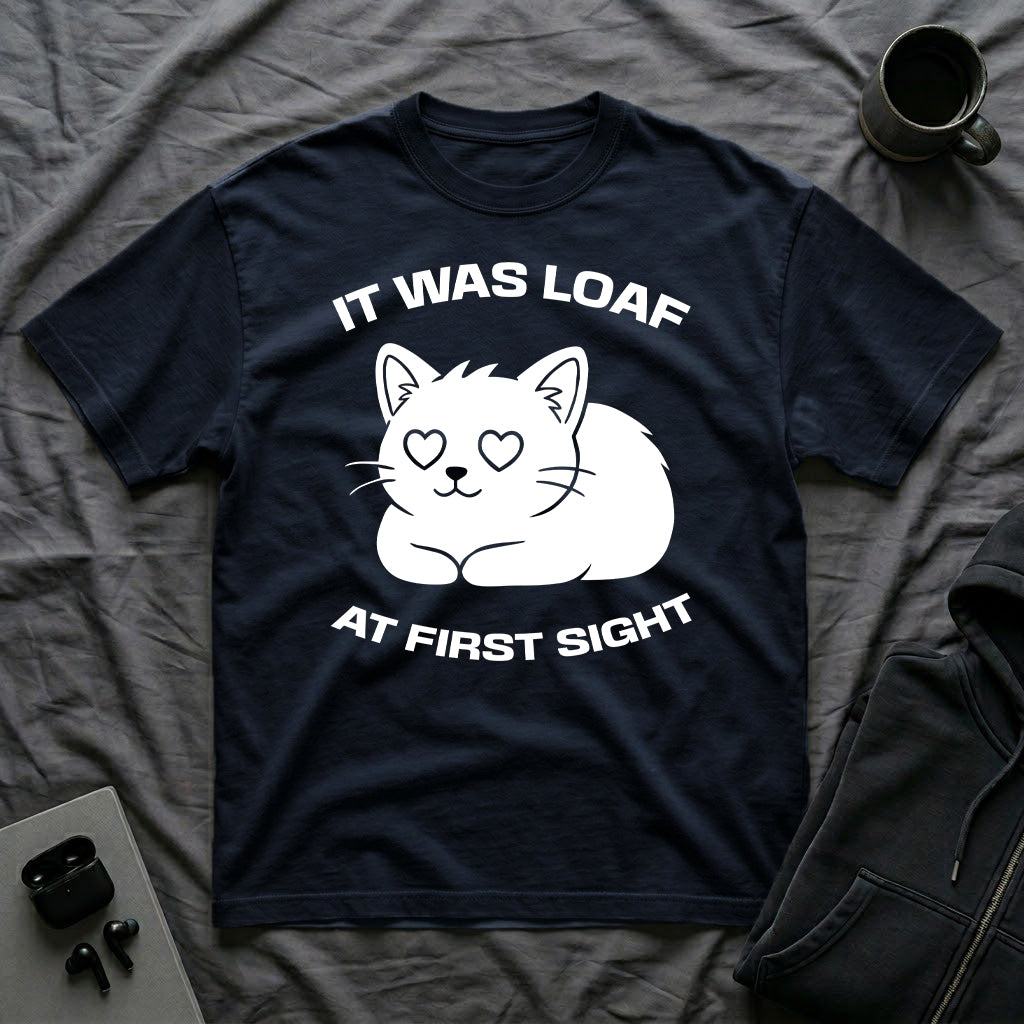 T-Shirt — 'IT WAS LOAF AT FIRST SIGHT' Tired Cat Graphic Tee (Tired jokes)