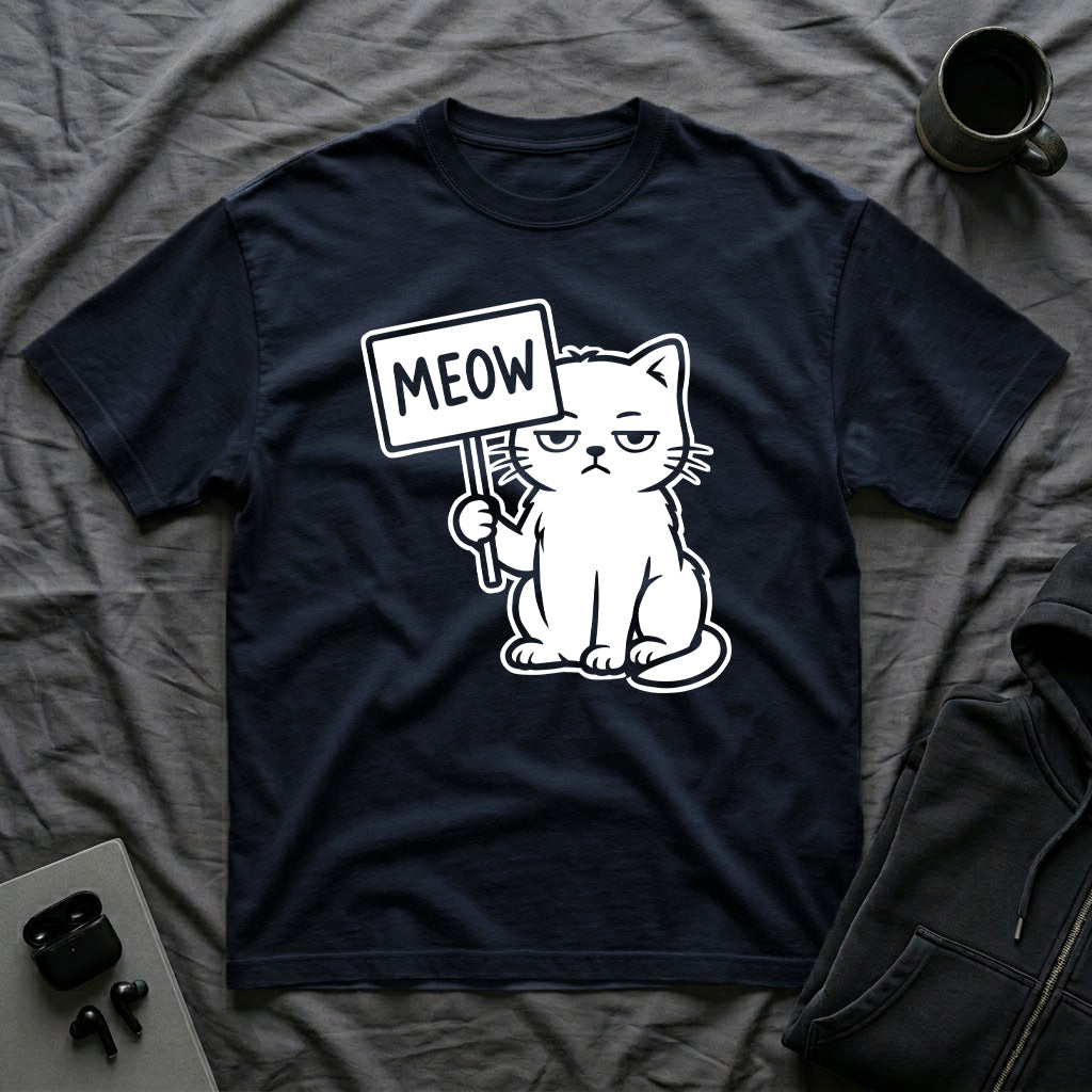 T-Shirt — 'MEOW' Tired Cat Graphic Tee (Tired jokes)