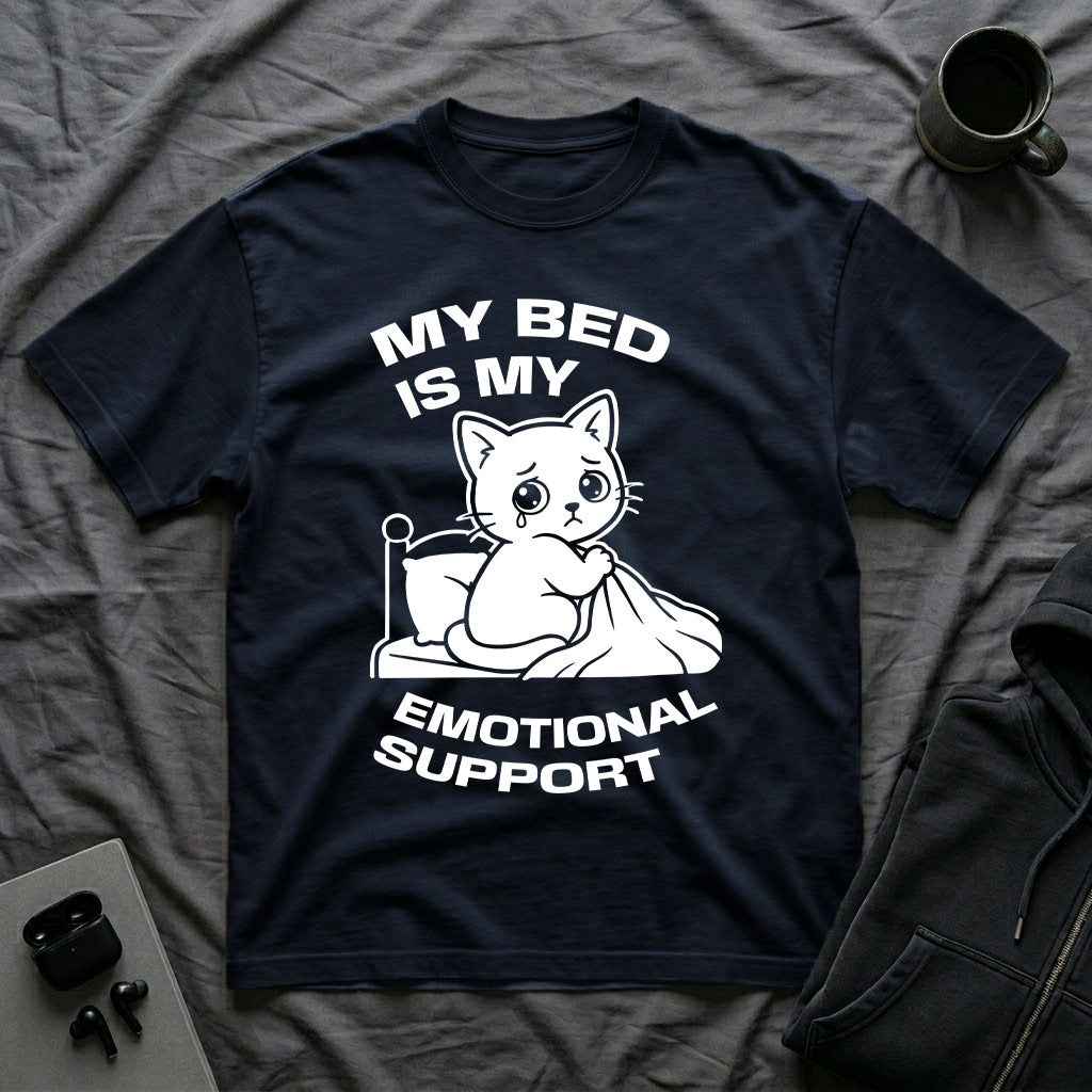 T-Shirt — 'MY BED IS MY EMOTIONAL SUPPORT' Tired Cat Graphic Tee (Tired jokes)