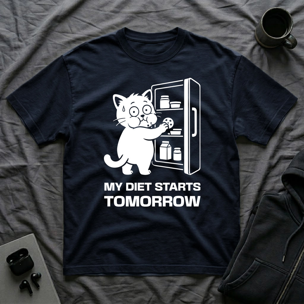 T-Shirt — 'My Diet Starts Tomorrow' Tired Cat Graphic Tee (Tired jokes)