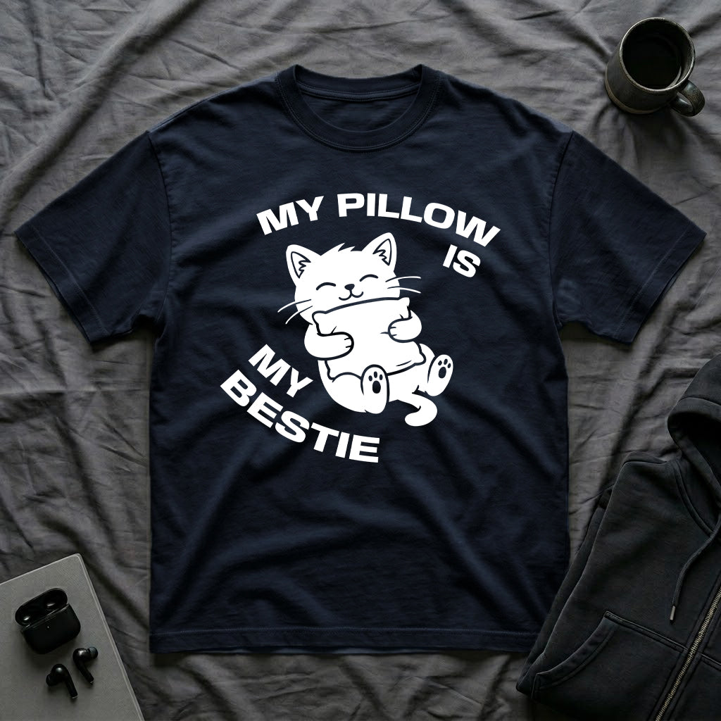 T-Shirt — 'My Pillow Is My Bestie' Tired Cat Graphic Tee (Tired jokes)