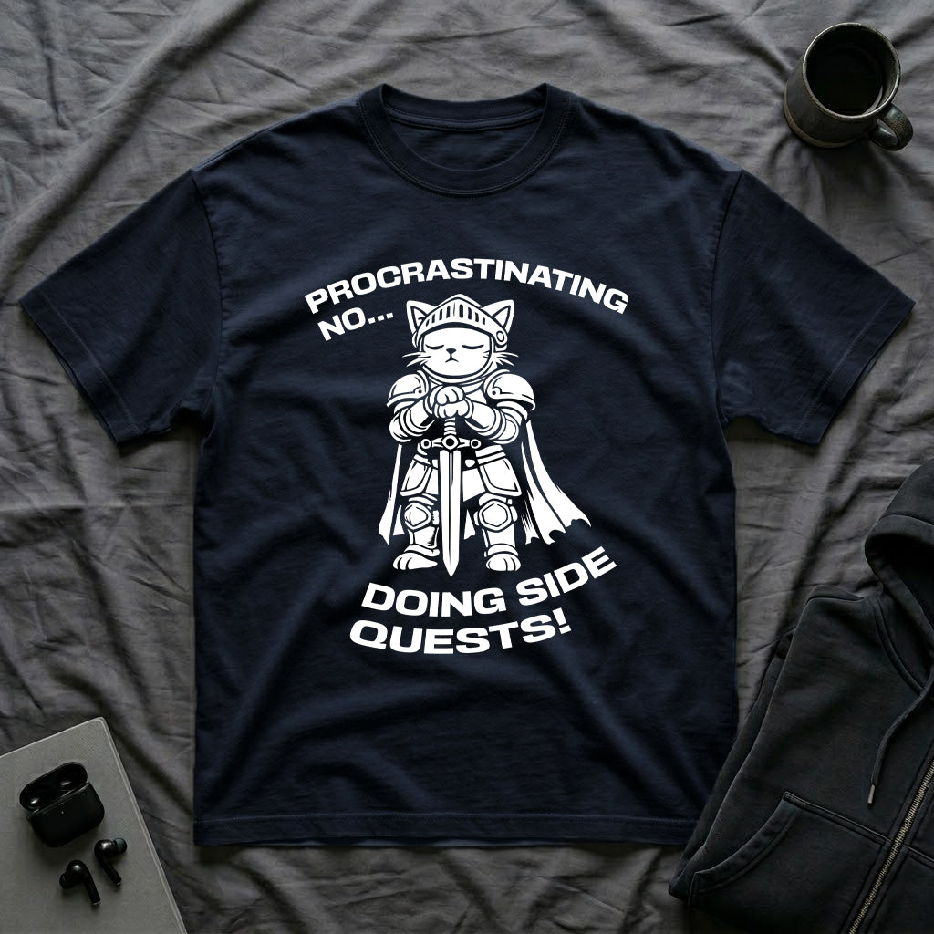 T-Shirt — 'PROCRASTINATING NO...DOING SIDE QUESTS!' Tired Cat Graphic Tee (Tired jokes)
