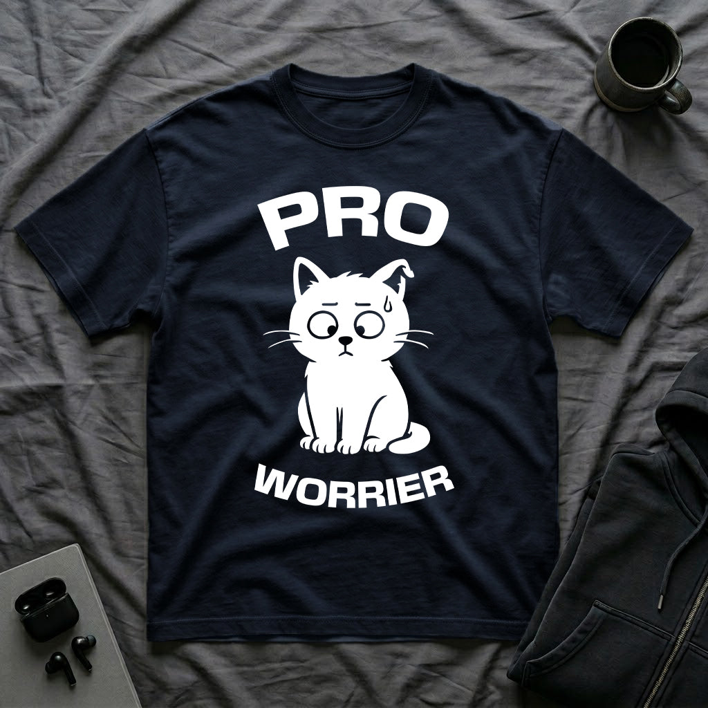 T-Shirt — 'Pro Worrier' Tired Cat Graphic Tee (Tired jokes)
