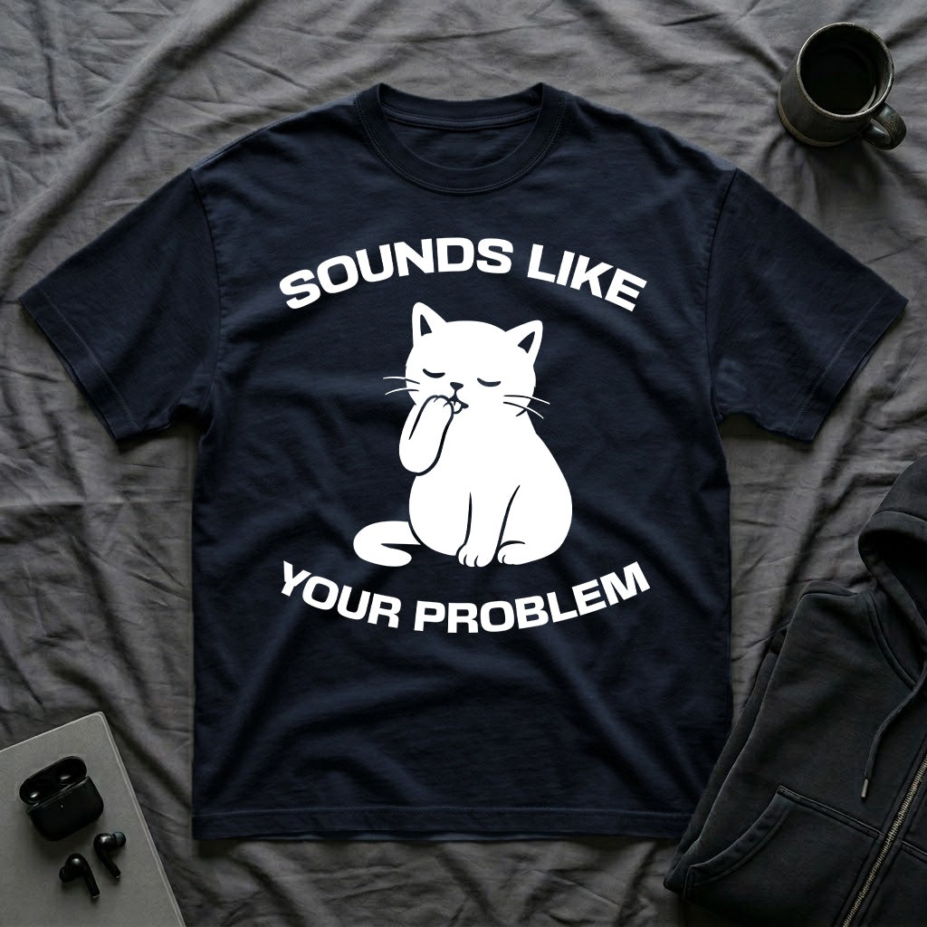 T-Shirt — 'Sounds Like Your Problem' Tired Cat Graphic Tee (Tired jokes)