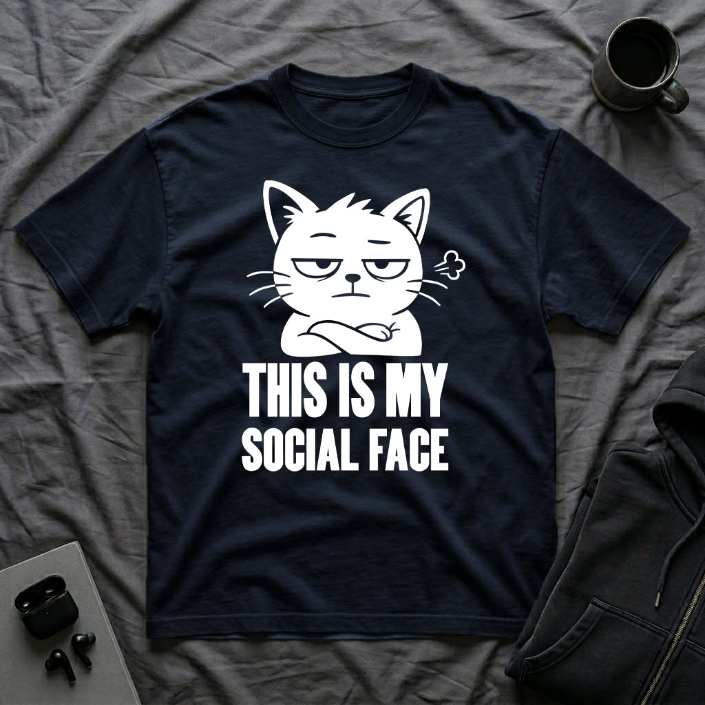 T-Shirt — 'This Is My Social Face' Tired Cat Graphic Tee (Tired jokes)