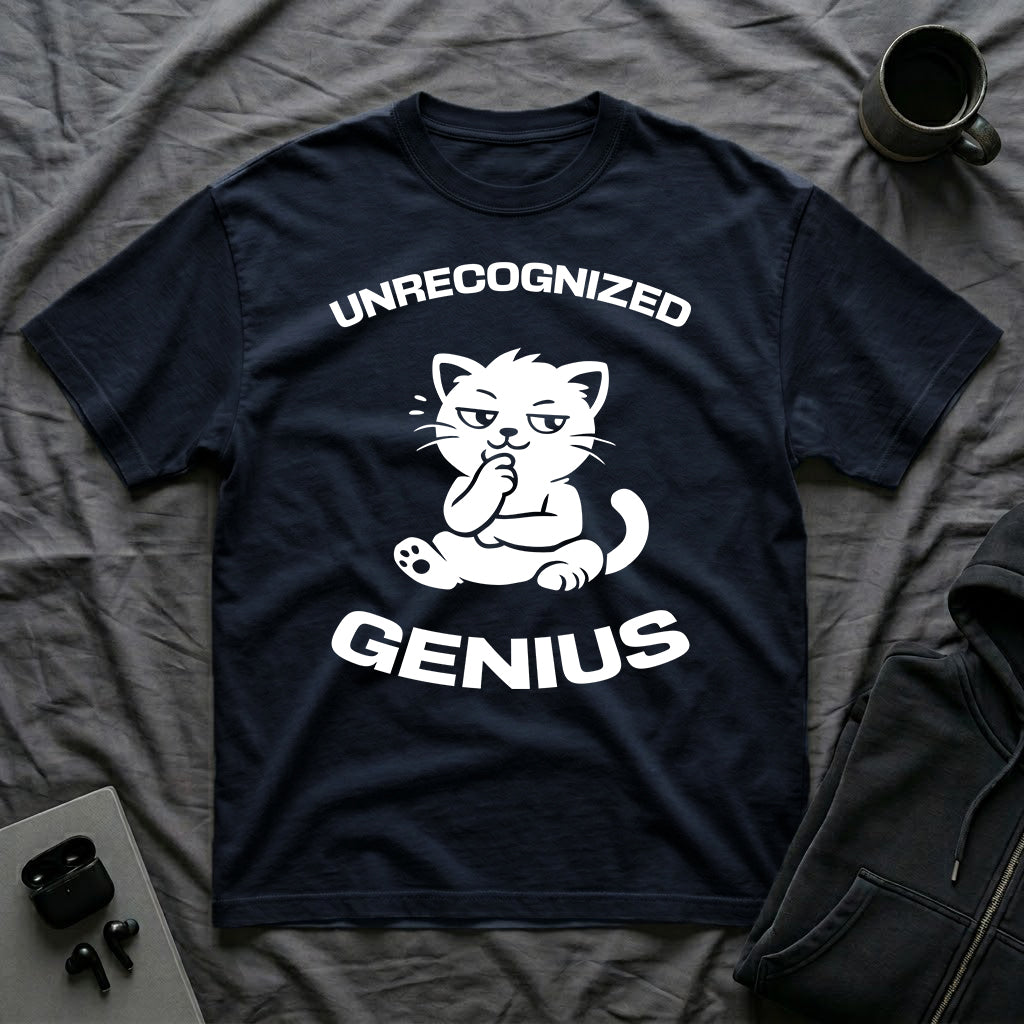 T-Shirt — 'Unrecognized Genius' Tired Cat Graphic Tee (Tired jokes)