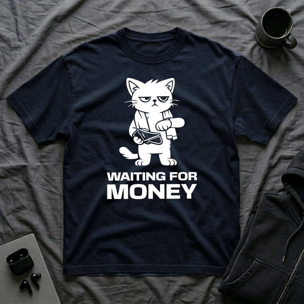 T-Shirt — 'WAITING FOR MONEY' Tired Cat Graphic Tee (Tired jokes)