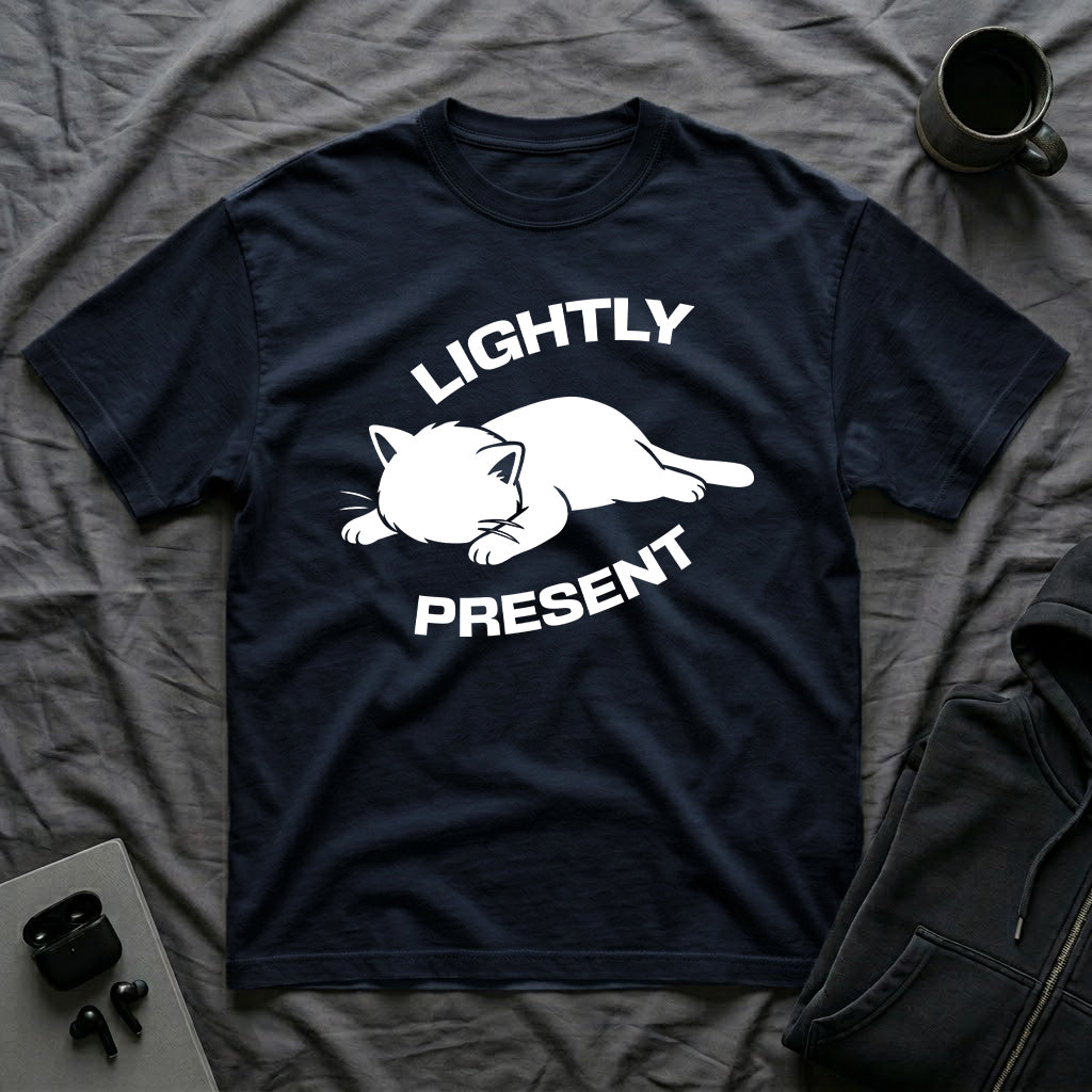T-Shirt — 'Lightly Present' Tired Cat Graphic Tee (Tired jokes)