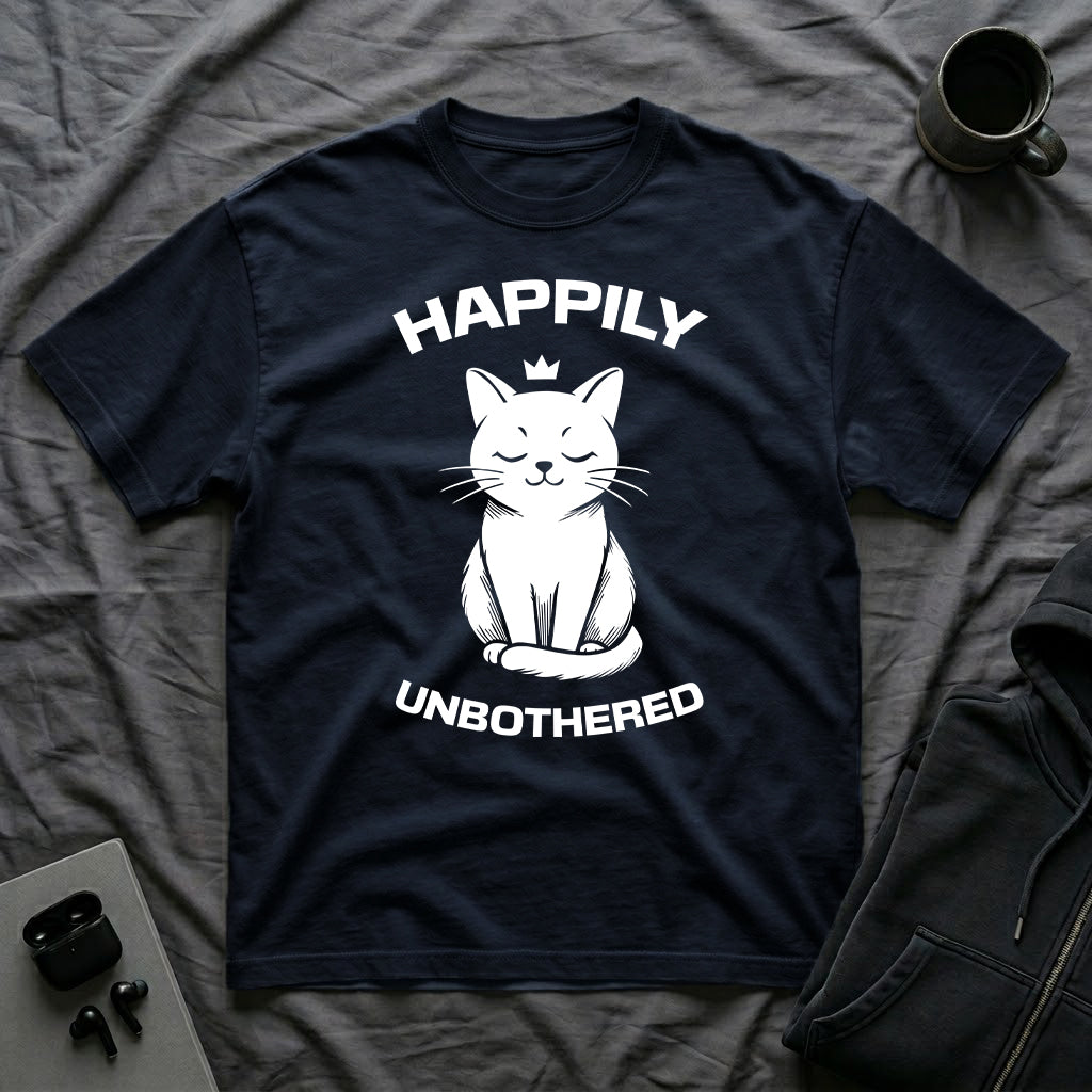 T-Shirt — 'Happily Unbothered' Tired Cat Graphic Tee (Tired jokes)