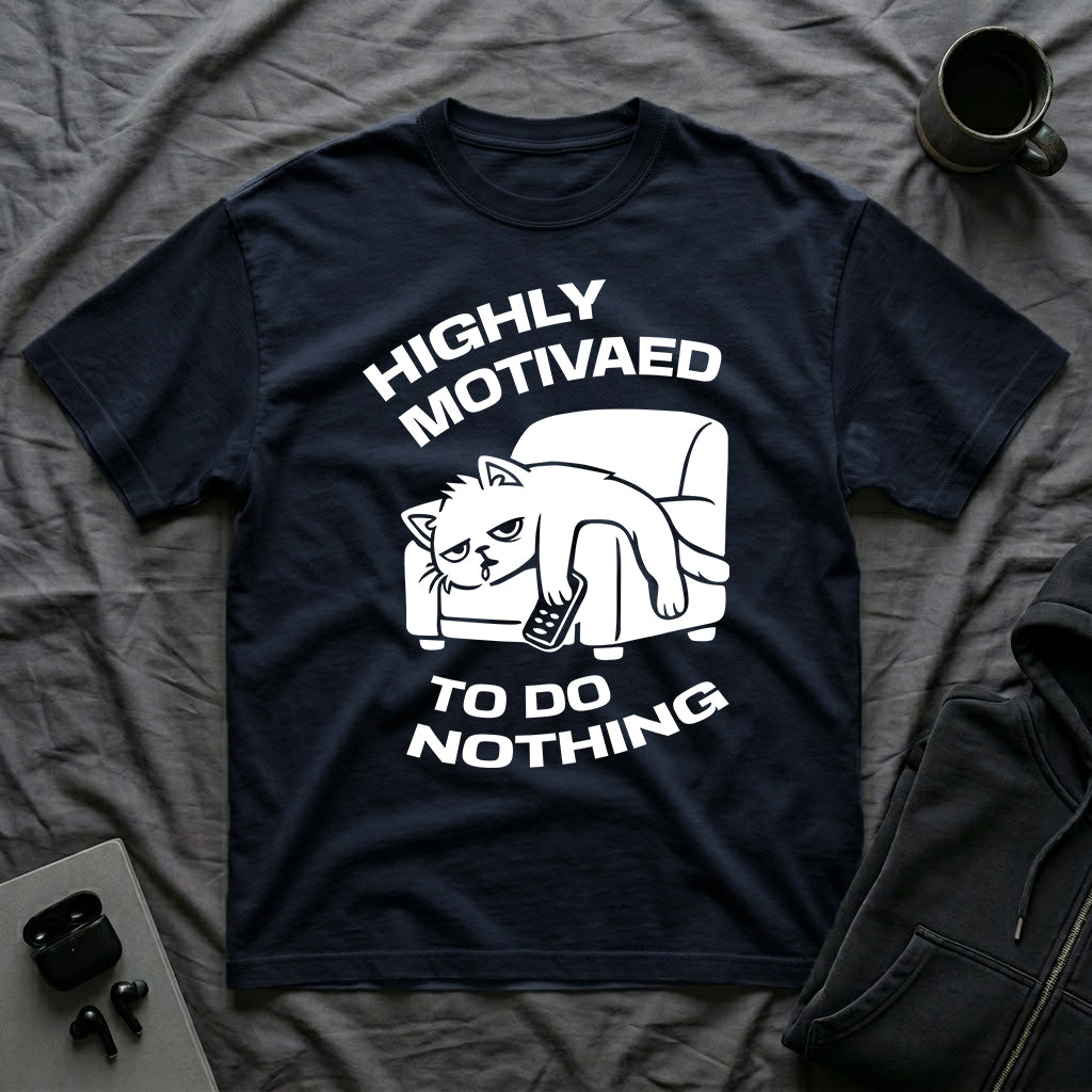 T-Shirt — 'HIGHLY MOTIVATED TO DO NOTHING' Tired Cat Graphic Tee (Tired jokes)