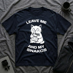 T-Shirt — 'LEAVE ME AND MY SNACKS' Tired Cat Graphic Tee (Tired jokes)