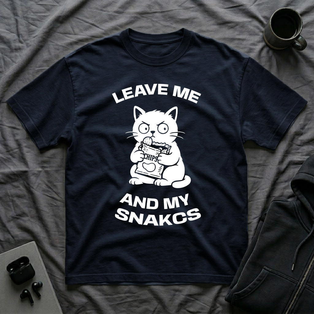 T-Shirt — 'LEAVE ME AND MY SNACKS' Tired Cat Graphic Tee (Tired jokes)