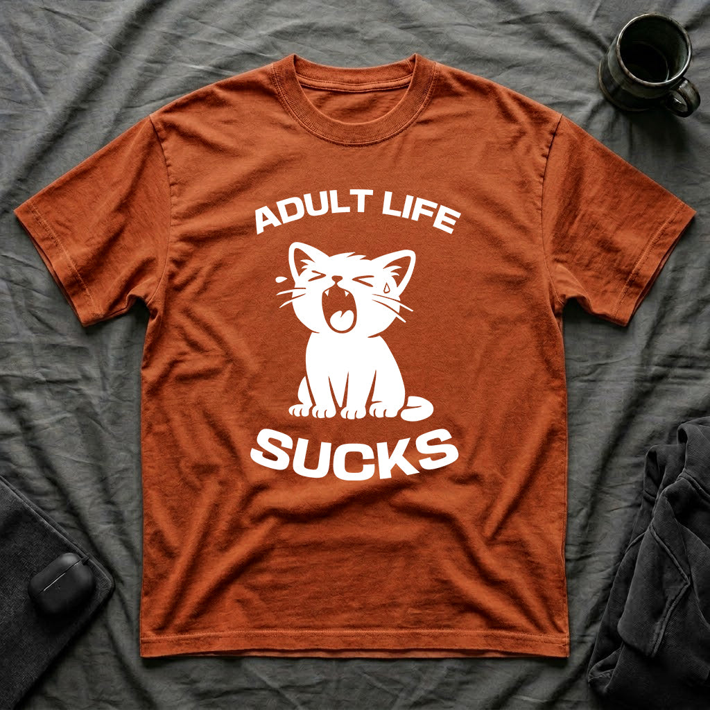 T-Shirt — 'Adult Life Sucks ' Tired Cat Graphic Tee (Tired jokes)