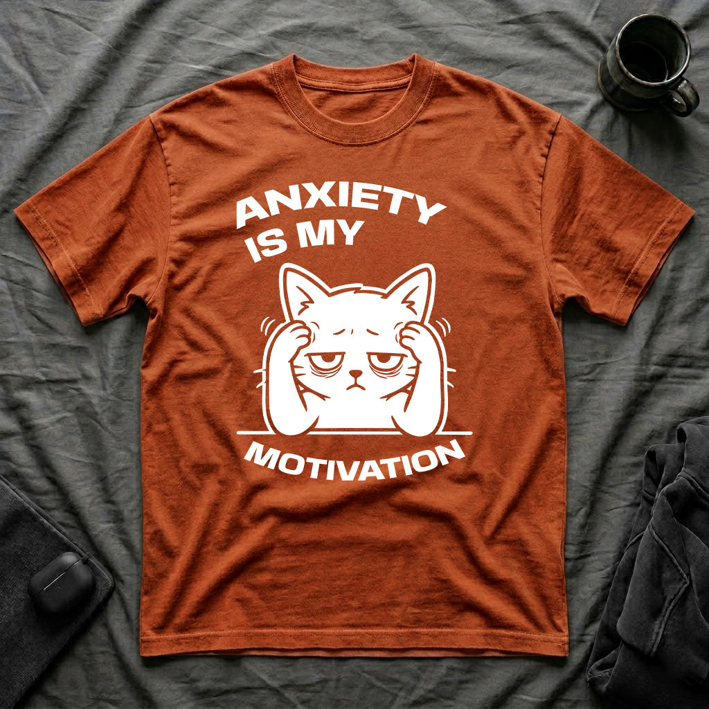 T-Shirt — 'ANXIETY IS MY MOTIVATION' Tired Cat Graphic Tee (Tired jokes)