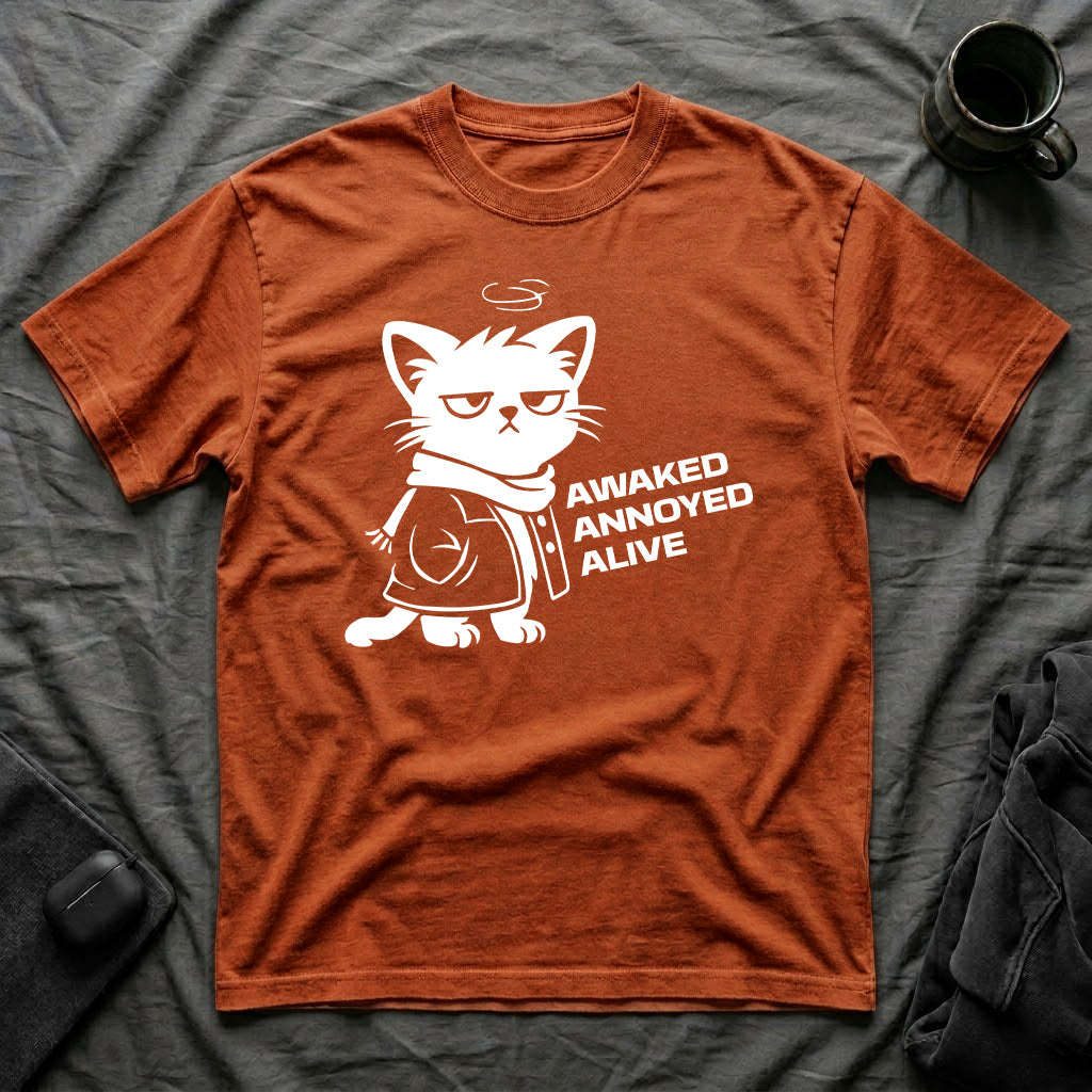 T-Shirt — 'AWAKED ANNOYED ALIVE' Tired Cat Graphic Tee (Tired jokes)