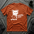 T-Shirt — 'AWAKED ANNOYED ALIVE' Tired Cat Graphic Tee (Tired jokes)