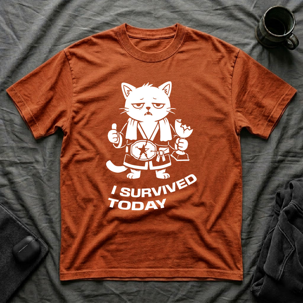 T-Shirt — 'I SURVIVED TODAY' Tired Cat Graphic Tee (Tired jokes)