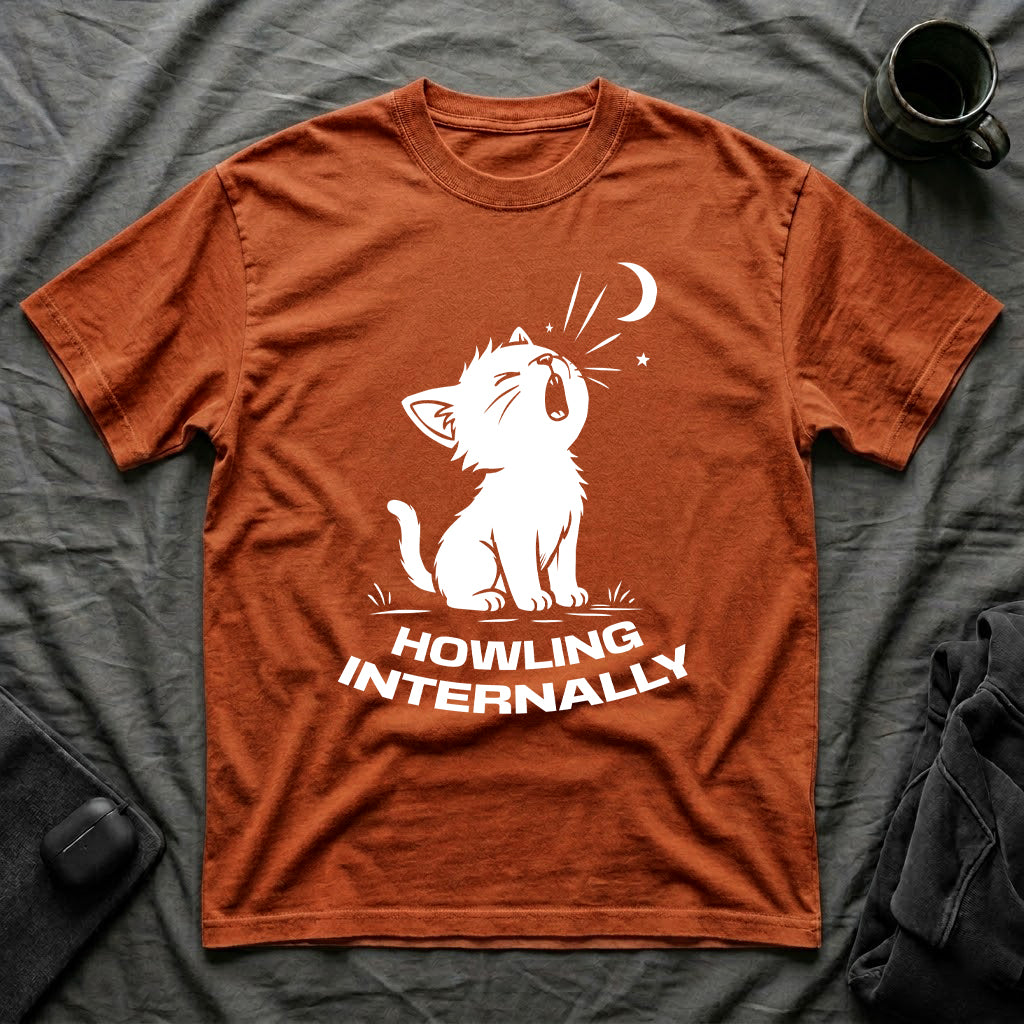 T-Shirt — 'HOWLING INTERNALLY' Tired Cat Graphic Tee (Tired jokes)