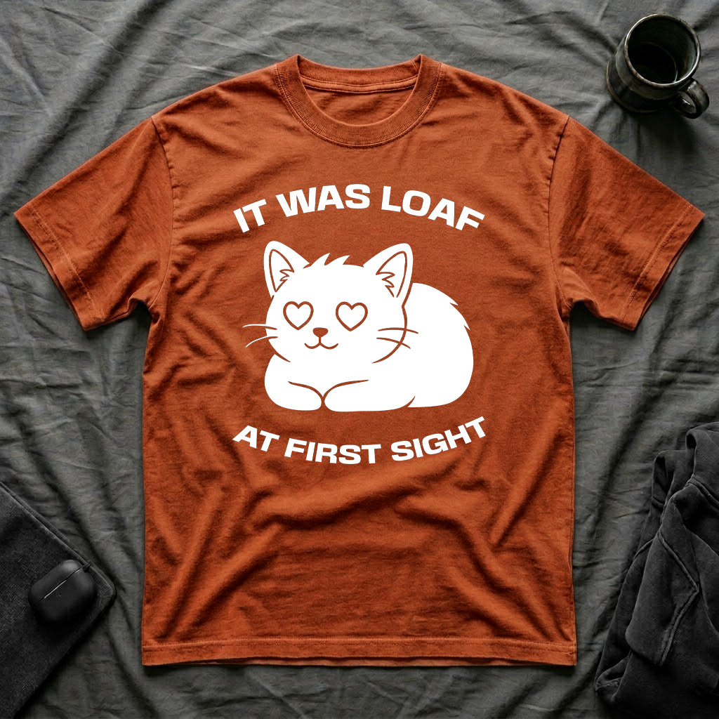 T-Shirt — 'IT WAS LOAF AT FIRST SIGHT' Tired Cat Graphic Tee (Tired jokes)