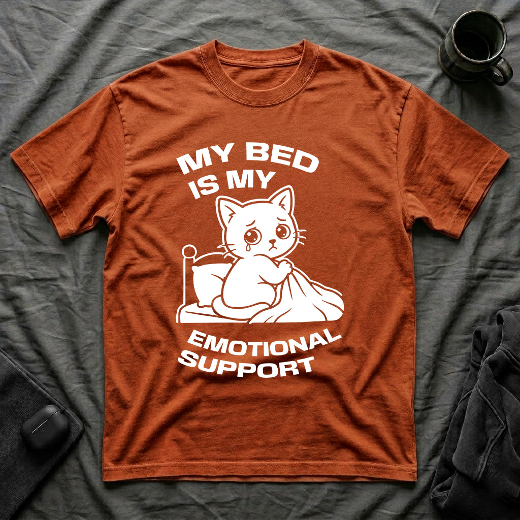 T-Shirt — 'MY BED IS MY EMOTIONAL SUPPORT' Tired Cat Graphic Tee (Tired jokes)