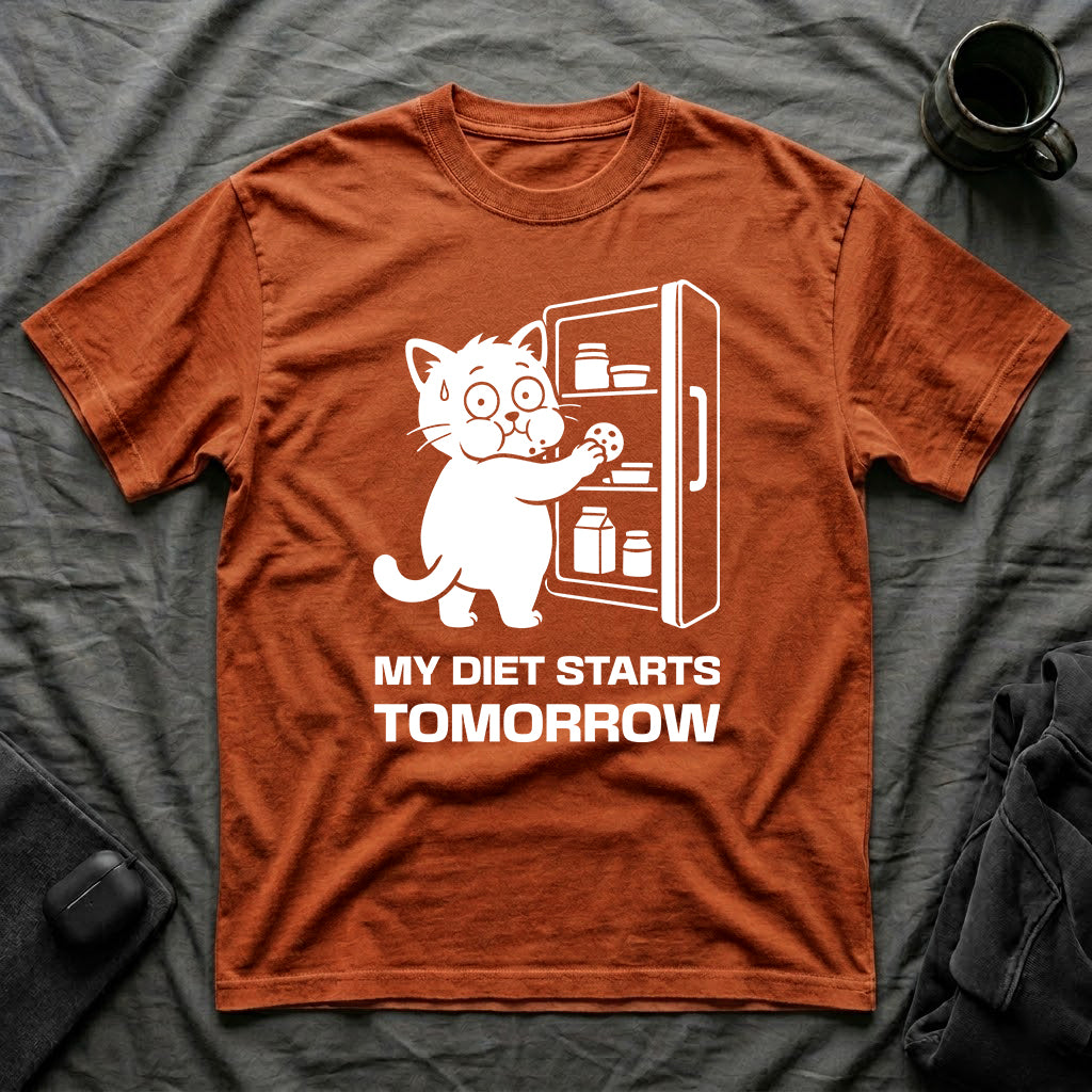 T-Shirt — 'My Diet Starts Tomorrow' Tired Cat Graphic Tee (Tired jokes)