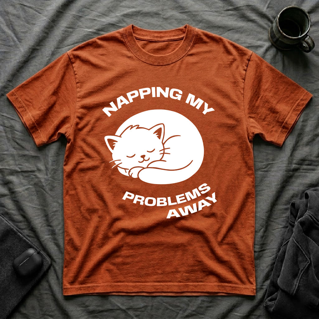 T-Shirt — 'NAPPING MY PROBLEMS AWAY' Tired Cat Graphic Tee (Tired jokes)