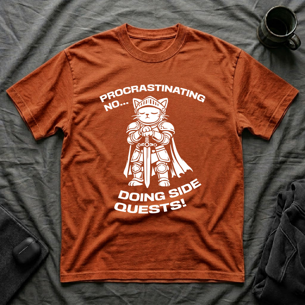 T-Shirt — 'PROCRASTINATING NO...DOING SIDE QUESTS!' Tired Cat Graphic Tee (Tired jokes)