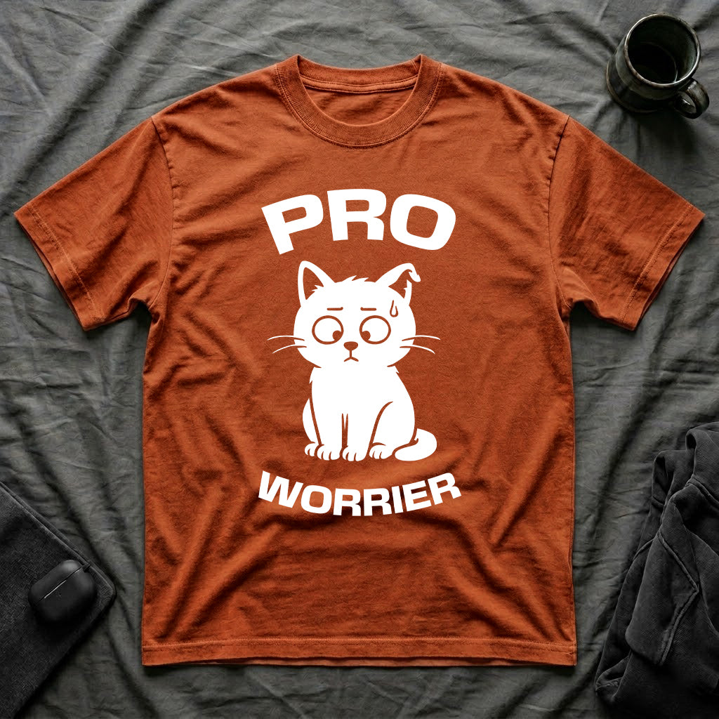 T-Shirt — 'Pro Worrier' Tired Cat Graphic Tee (Tired jokes)