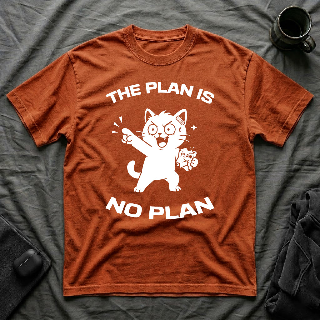 T-Shirt — 'The Plan Is No Plan' Tired Cat Graphic Tee (Tired jokes)