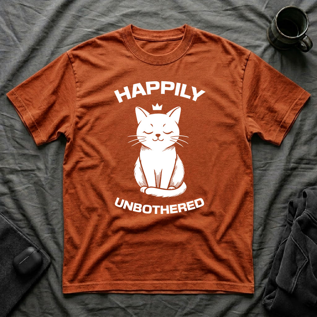 T-Shirt — 'Happily Unbothered' Tired Cat Graphic Tee (Tired jokes)