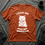 T-Shirt — 'LEAVE ME AND MY SNACKS' Tired Cat Graphic Tee (Tired jokes)