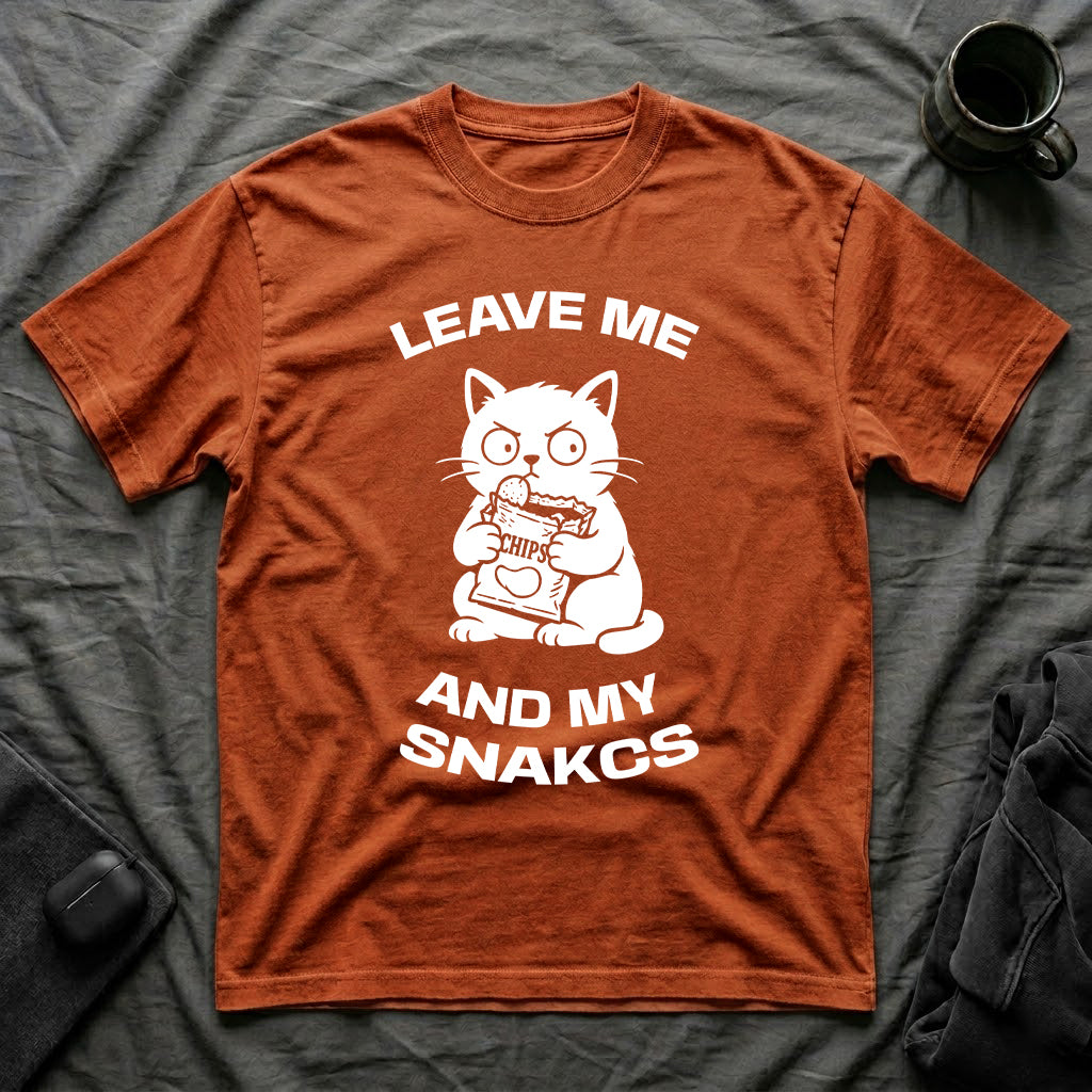 T-Shirt — 'LEAVE ME AND MY SNACKS' Tired Cat Graphic Tee (Tired jokes)