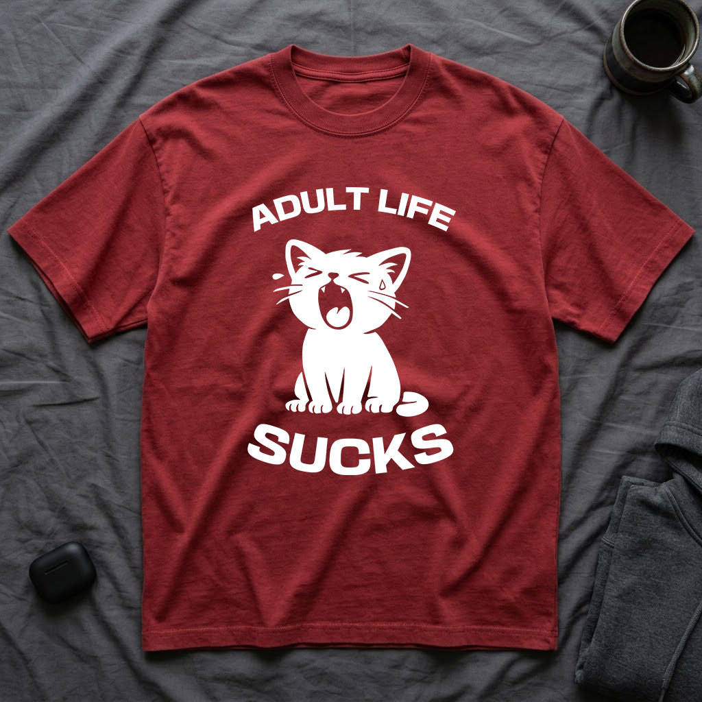 T-Shirt — 'Adult Life Sucks ' Tired Cat Graphic Tee (Tired jokes)