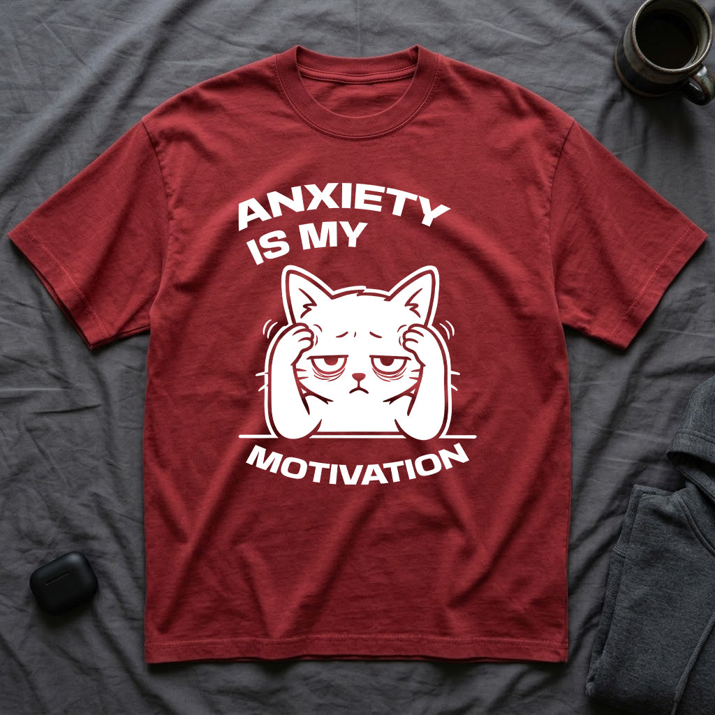 T-Shirt — 'ANXIETY IS MY MOTIVATION' Tired Cat Graphic Tee (Tired jokes)