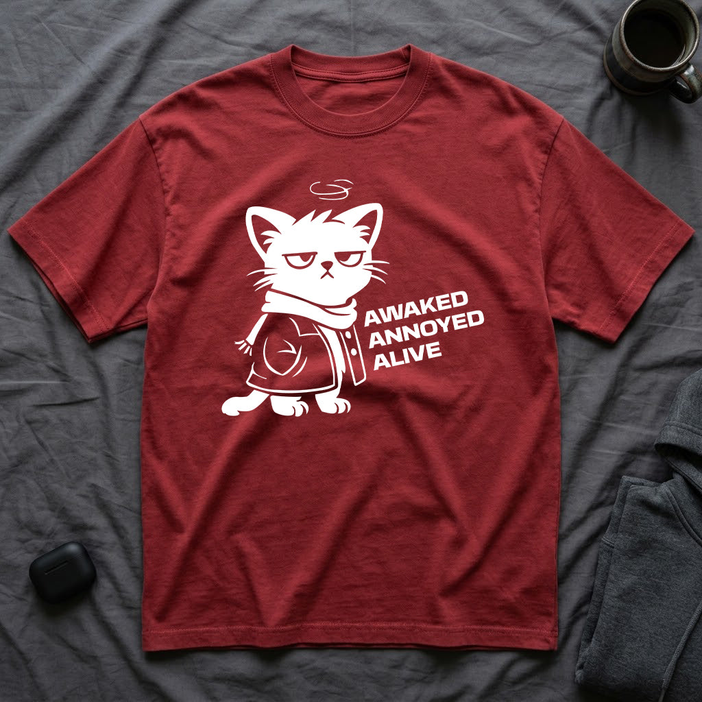 T-Shirt — 'AWAKED ANNOYED ALIVE' Tired Cat Graphic Tee (Tired jokes)