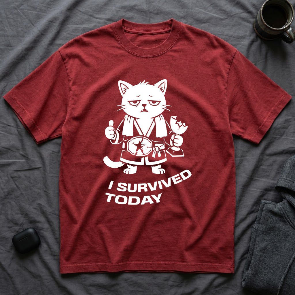 T-Shirt — 'I SURVIVED TODAY' Tired Cat Graphic Tee (Tired jokes)