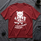 T-Shirt — 'I SURVIVED TODAY' Tired Cat Graphic Tee (Tired jokes)
