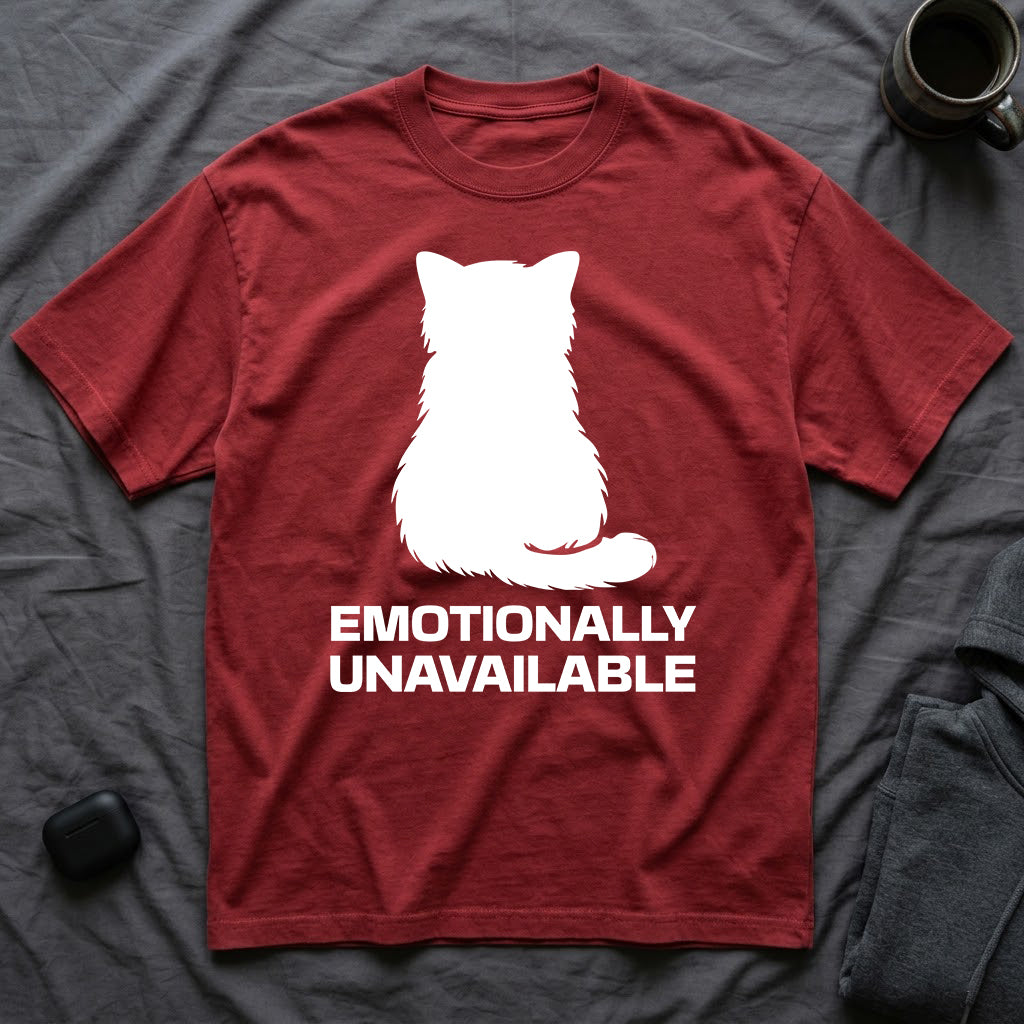 T-Shirt — 'Emotionally Unavailable' Tired Cat Graphic Tee (Tired jokes)